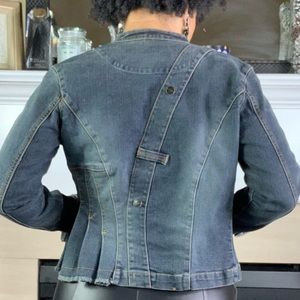 Vintage Y2K FUBU Denim Faded Fitted Fringe Pleated Jean Jacket, S